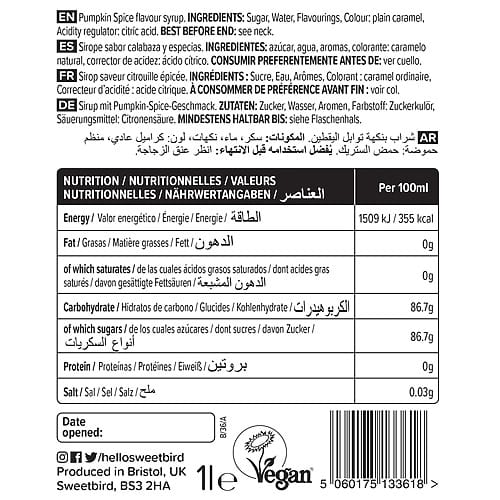 Sweetbird Pumpkin Spice Creative Syrup (1 Litre)