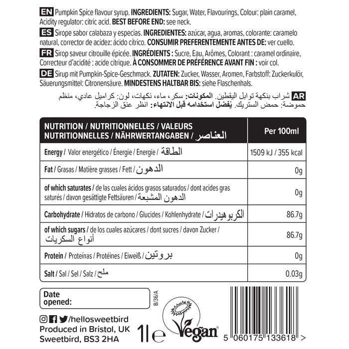 Sweetbird Pumpkin Spice Creative Syrup (1 Litre)