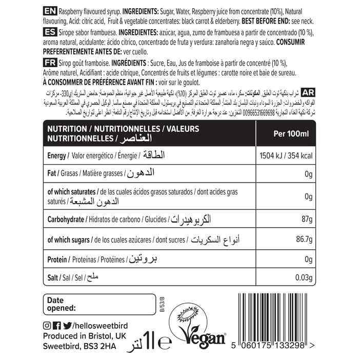 Sweetbird Raspberry Fruit Syrup (1 Litre)
